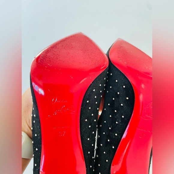 Christian Louboutin Black Suede leather Hot Chick 100mm studded plume pumps EU37 - Picture 8 of 9